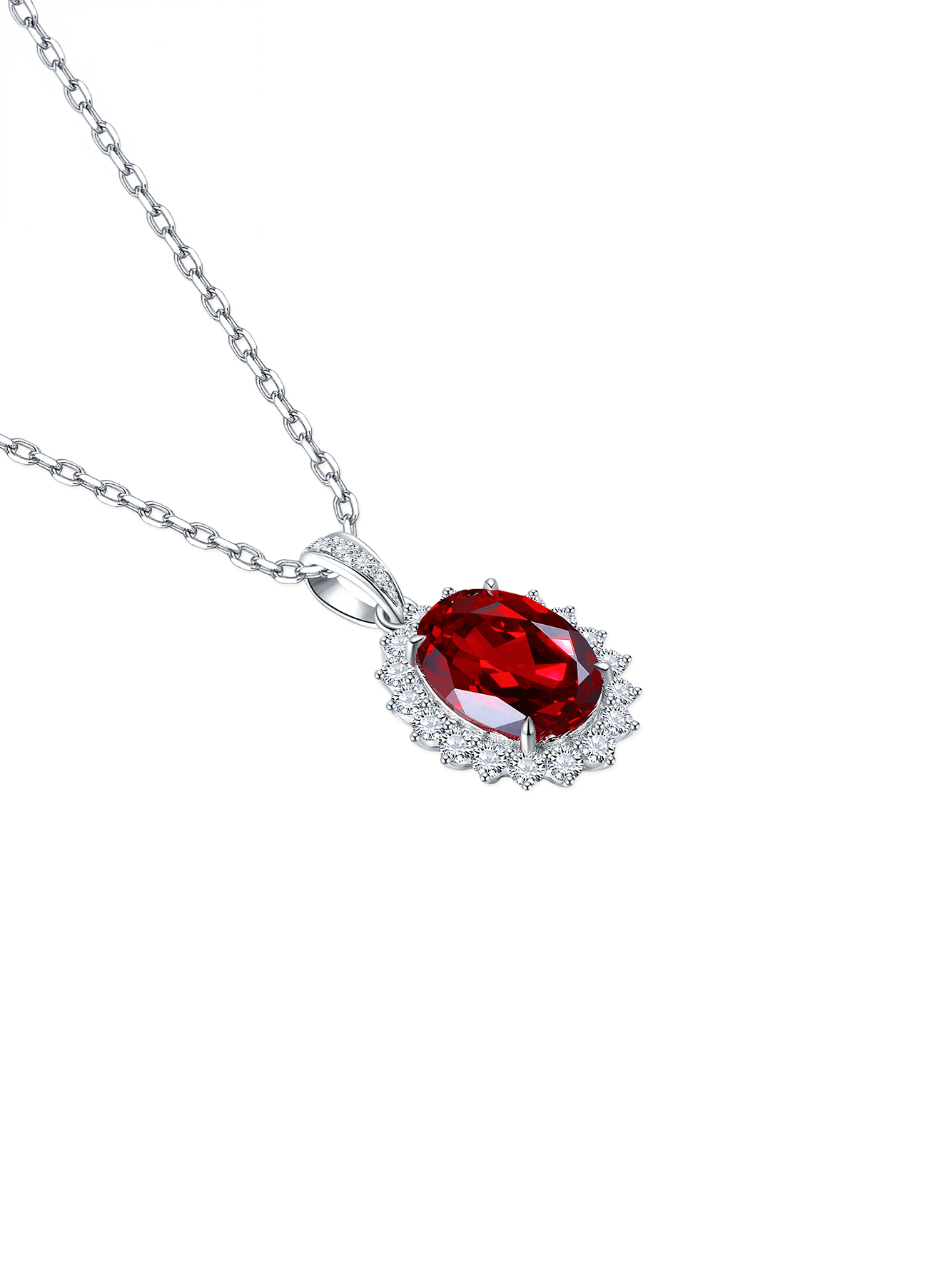 2.05ct Oval Lab-Grown Ruby Floral Halo Necklace