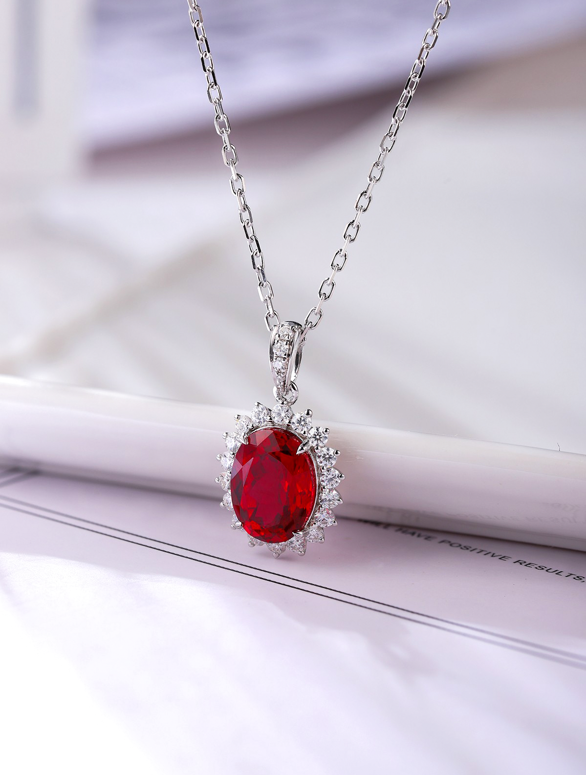 2.05ct Oval Lab-Grown Ruby Floral Halo Necklace