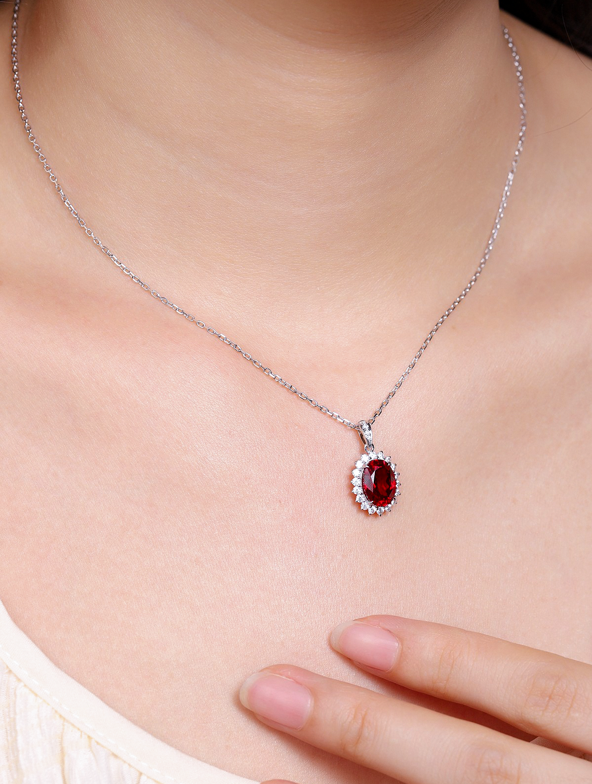 2.05ct Oval Lab-Grown Ruby Floral Halo Necklace