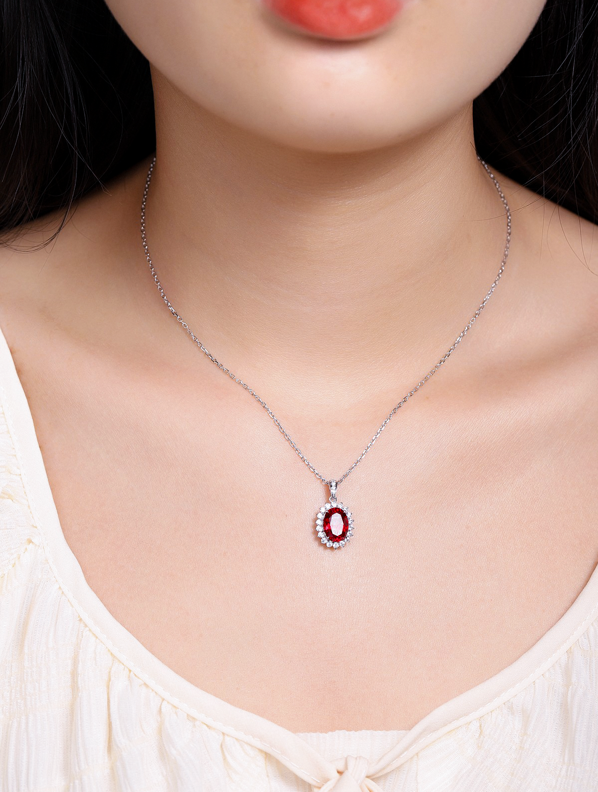 2.05ct Oval Lab-Grown Ruby Floral Halo Necklace