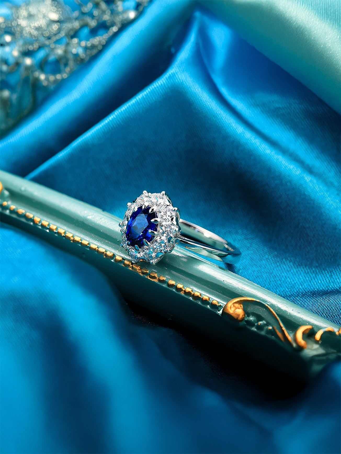 Princess Diana 1.09ct Oval Cut Lab-Grown Blue Sapphire Halo Promise Ring