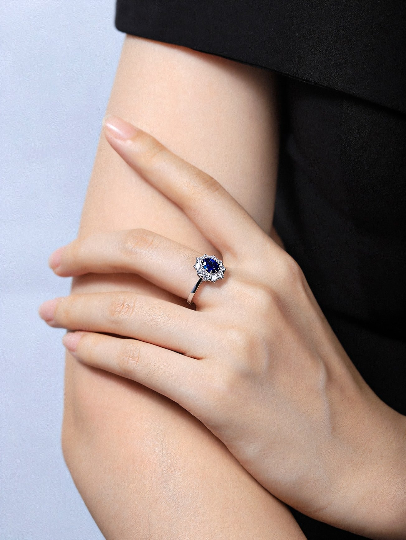Princess Diana 1.09ct Oval Cut Lab-Grown Blue Sapphire Halo Promise Ring
