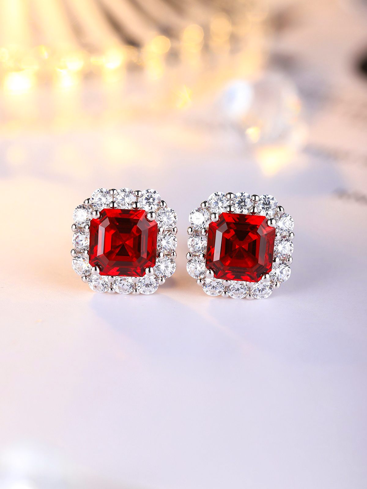 2.315ct Asscher Lab-Grown Ruby Semi-Halo Earrings