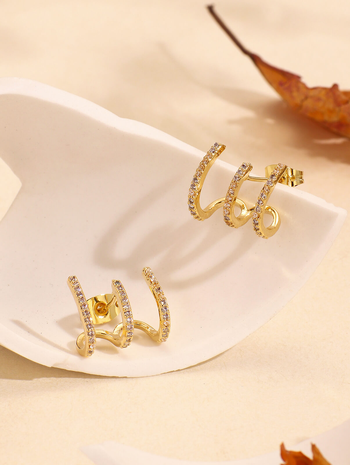 Bold C-Shape Triple Row Cubic Zirconia Hoop Earrings