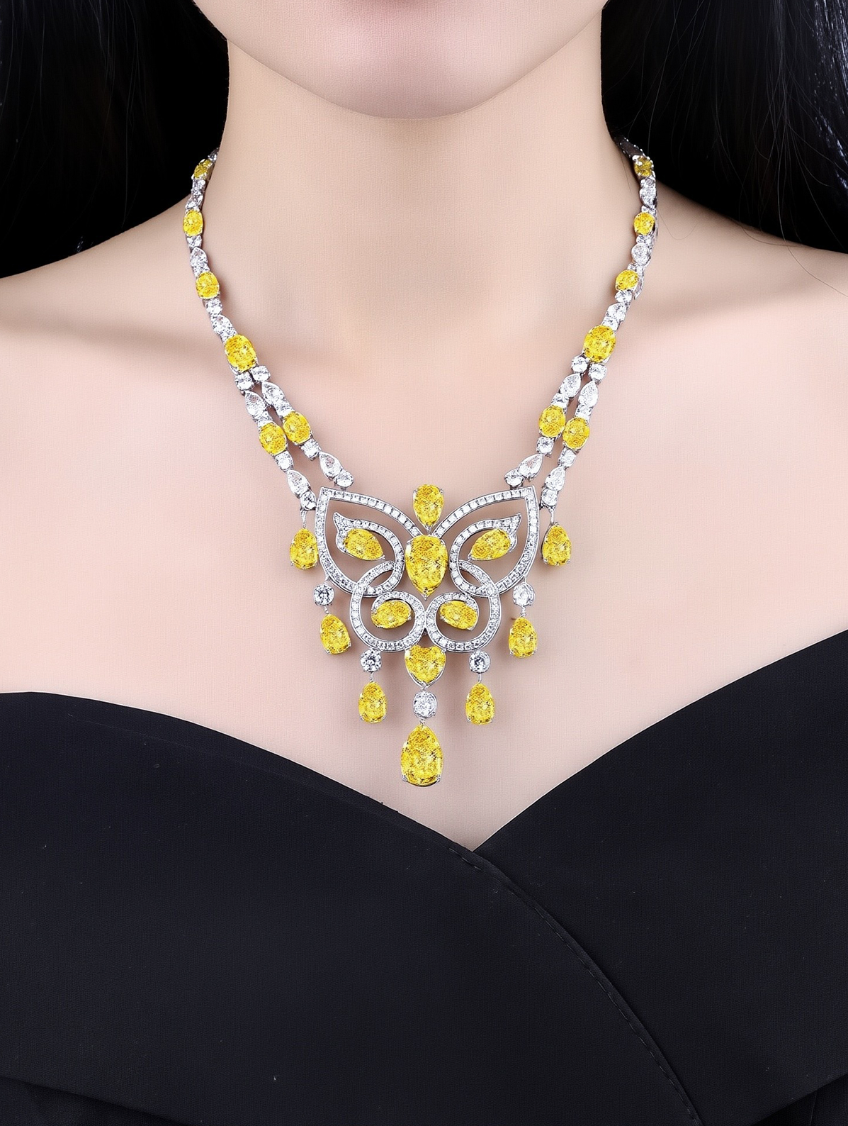 10ct Mixed Shapes Yellow Cubic Zirconia Butterfly Designer Statement Necklace