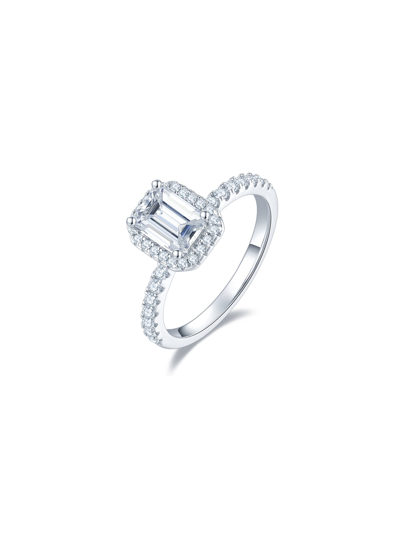 1ct Classic D Color Emerald-Cut Moissanite Halo Ring