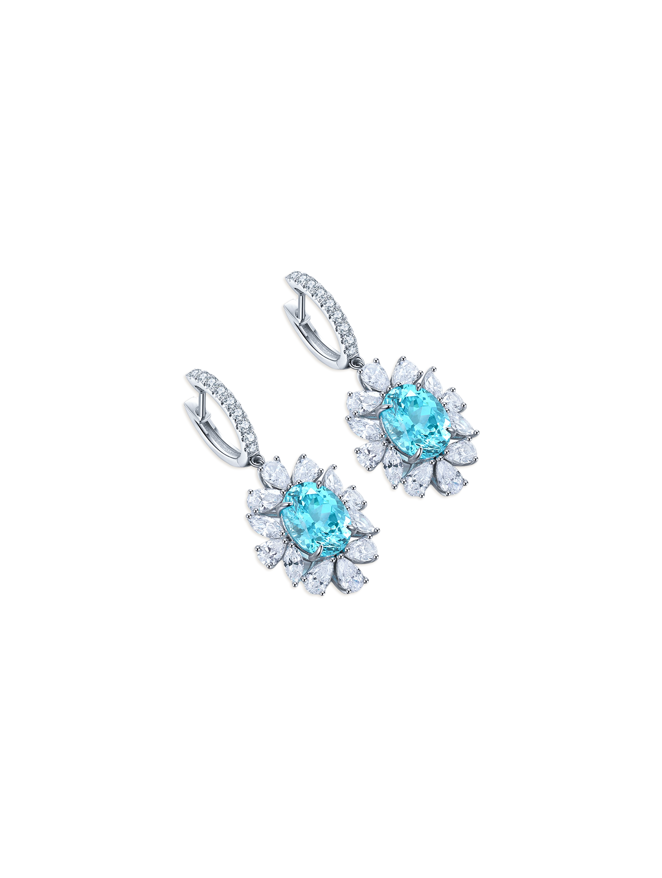 10ct Round Lab-Grown Paraiba Tourmaline Halo Drop Clip Earrings