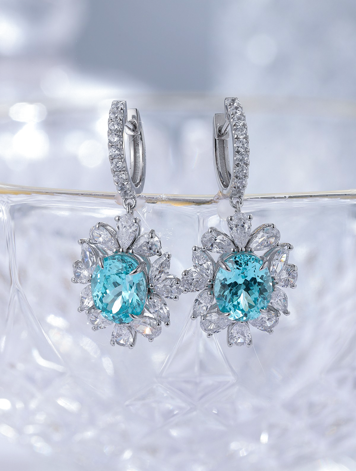 10ct Round Lab-Grown Paraiba Tourmaline Halo Drop Clip Earrings