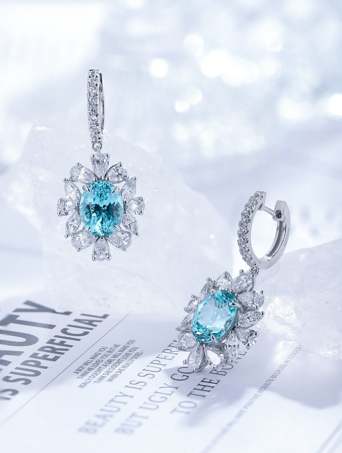 10ct Round Lab-Grown Paraiba Tourmaline Halo Drop Clip Earrings