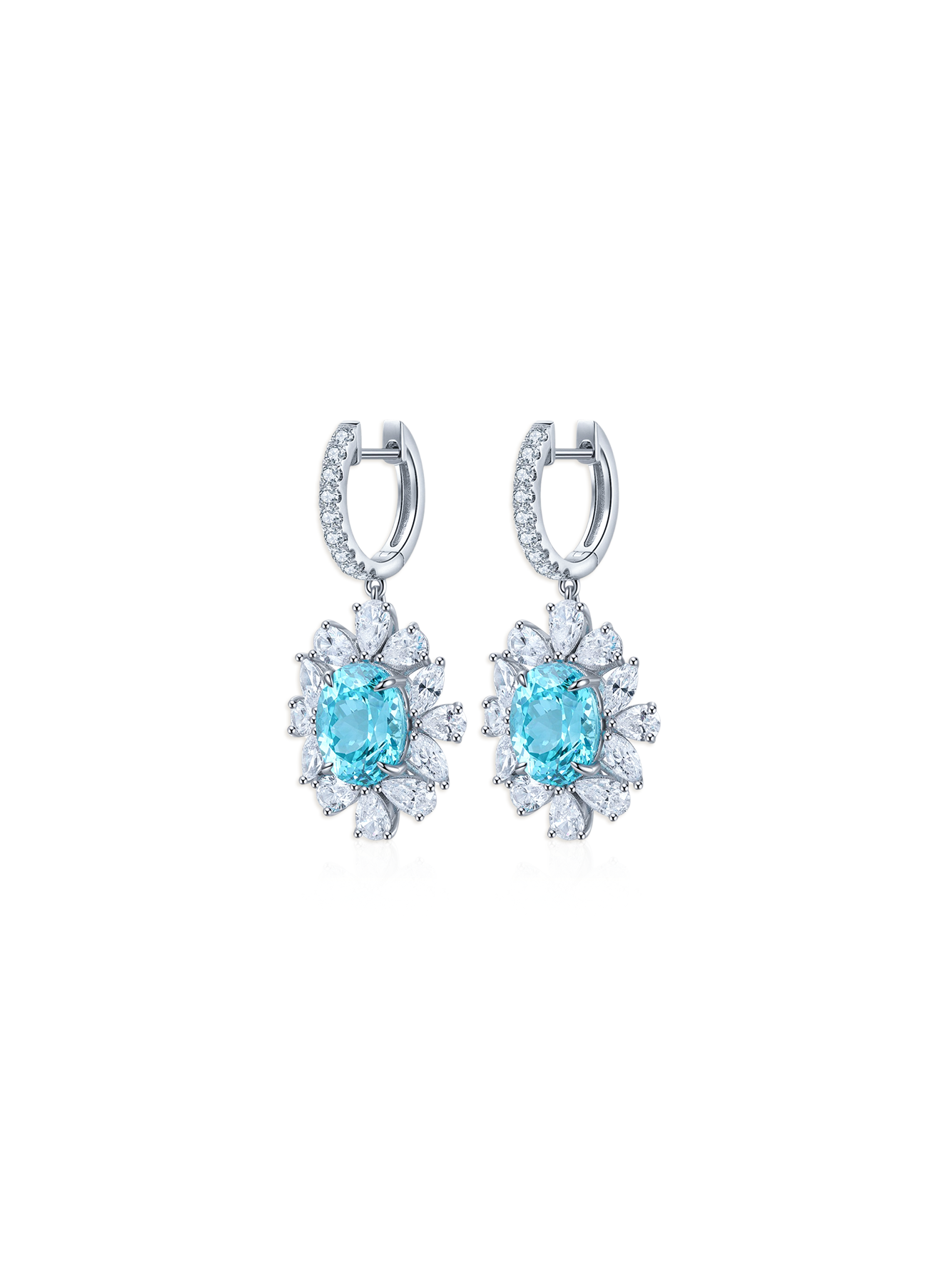 10ct Round Lab-Grown Paraiba Tourmaline Halo Drop Clip Earrings