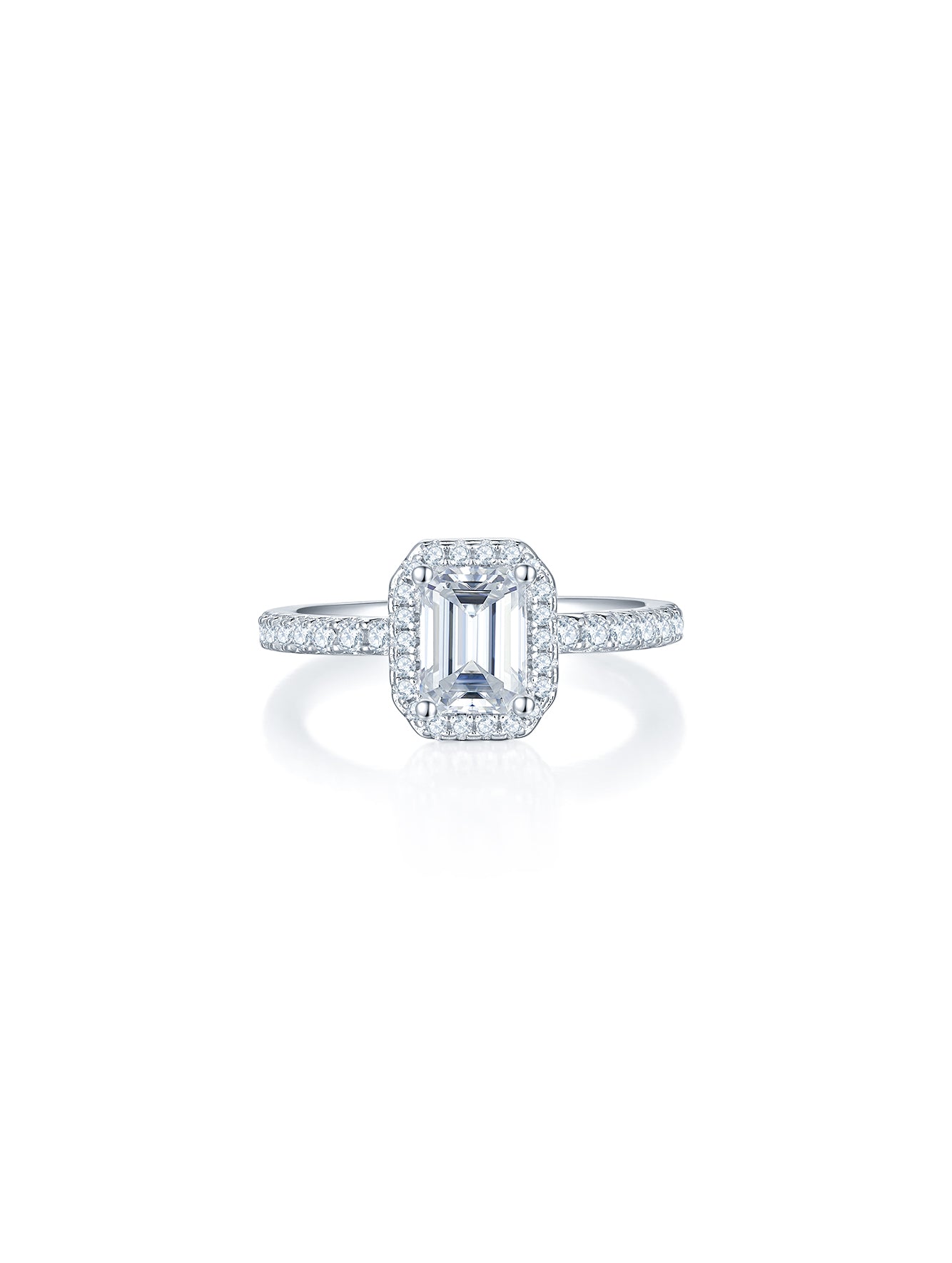 1ct Classic D Color Emerald-Cut Moissanite Halo Ring
