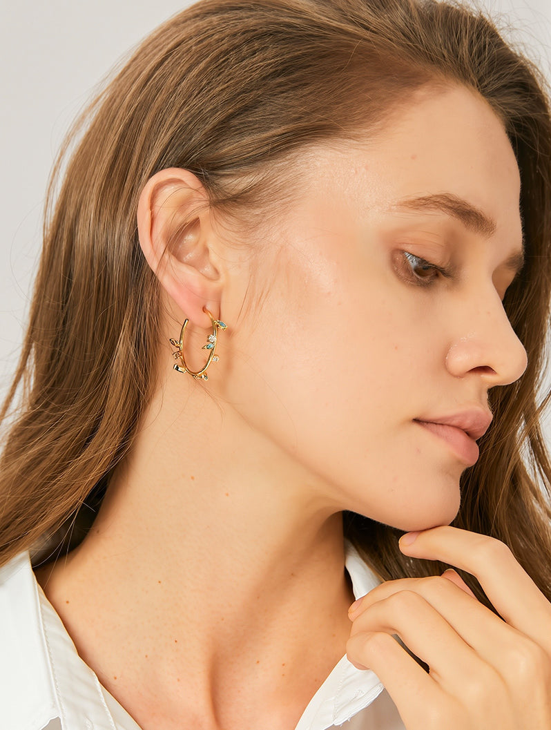 Vintage Leaf & Branch Cubic Zirconia Hoop Earrings