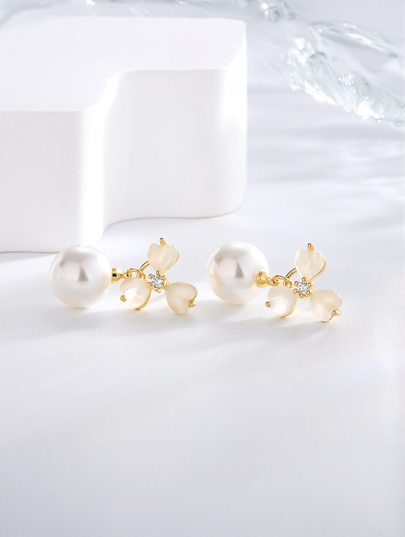 Heart Cat Eye Stone & Faux Pearl Stud Earrings