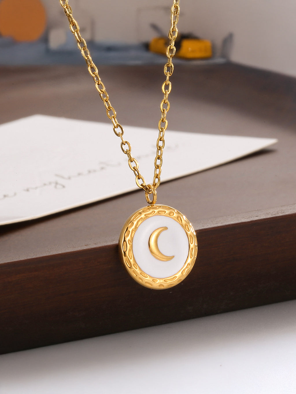 Textured Moon Pendant Necklace in 18K Gold Plated Copper