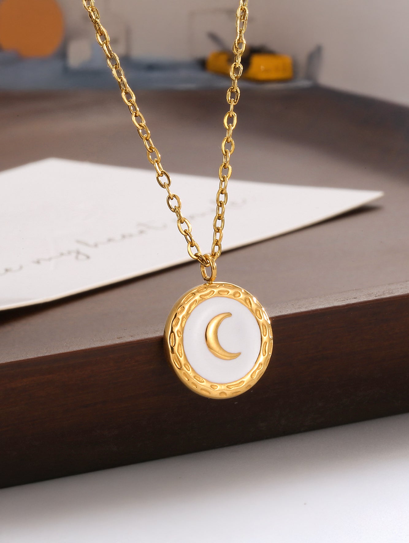 Textured Moon Pendant Necklace in 18K Gold Plated Copper