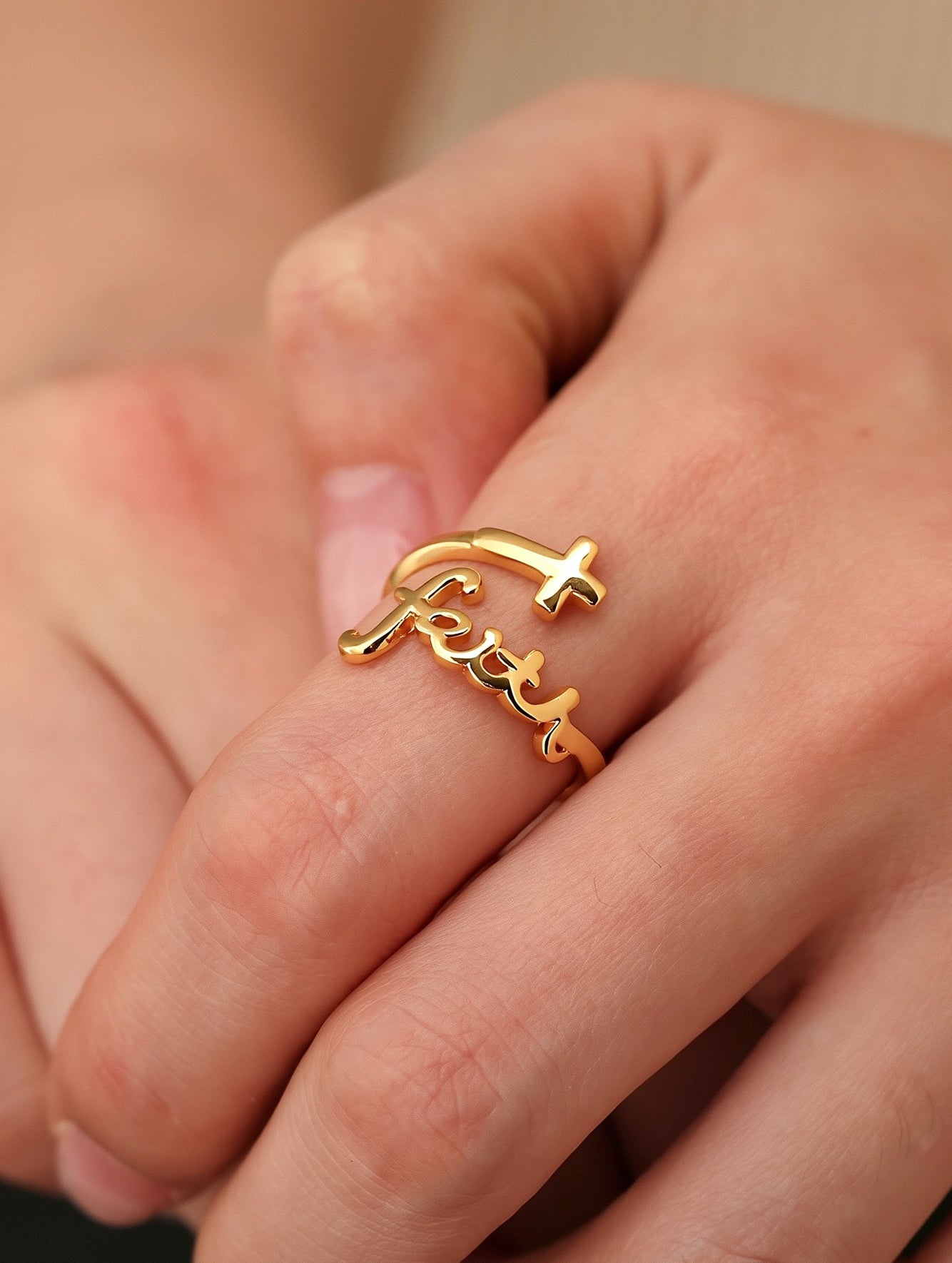 "Faith" Cross Adjustable Ring in 18K Gold Plated Copper