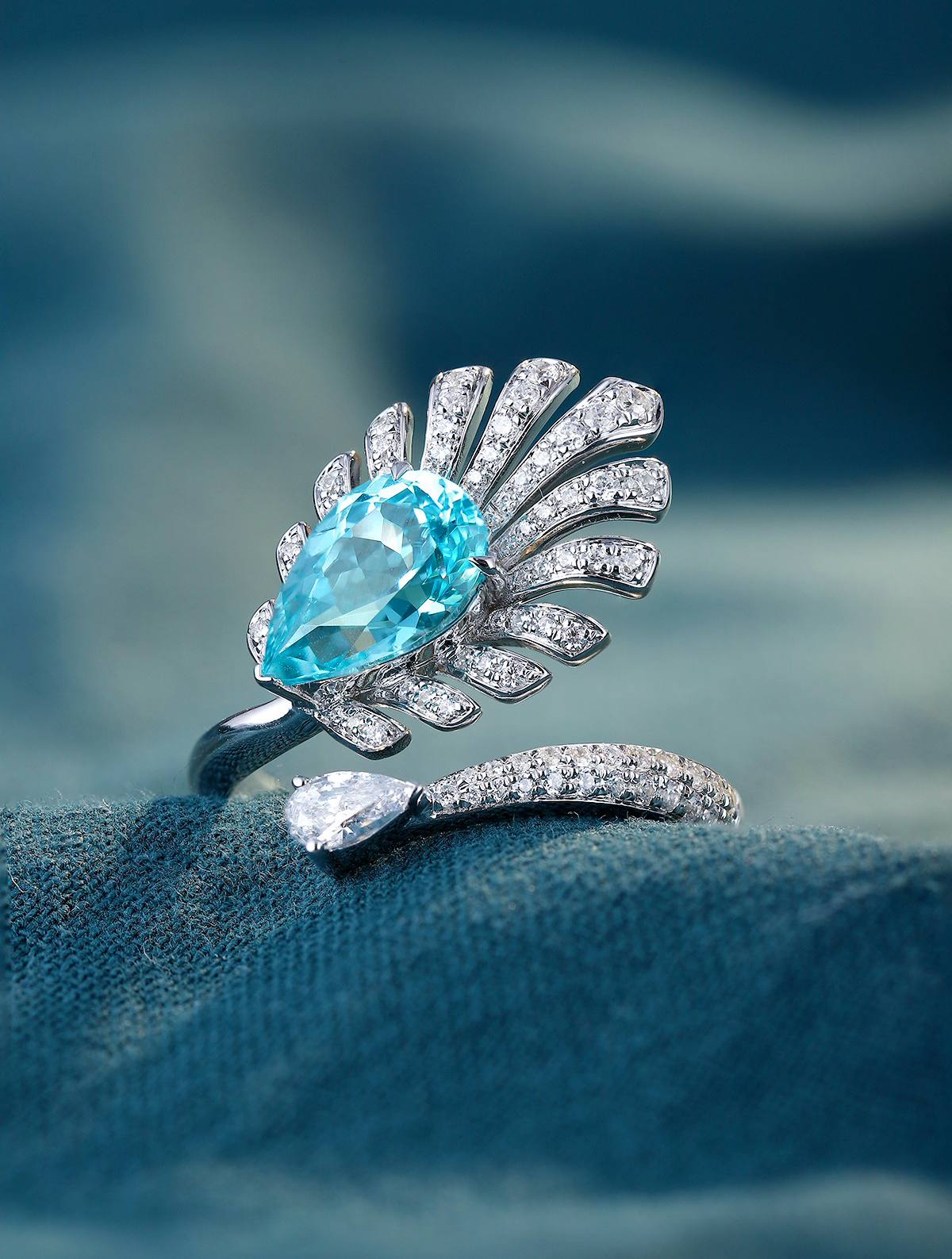 3.54ct Pear Shape Lake Blue Lab Created Paraiba Tourmaline Engagement Ring