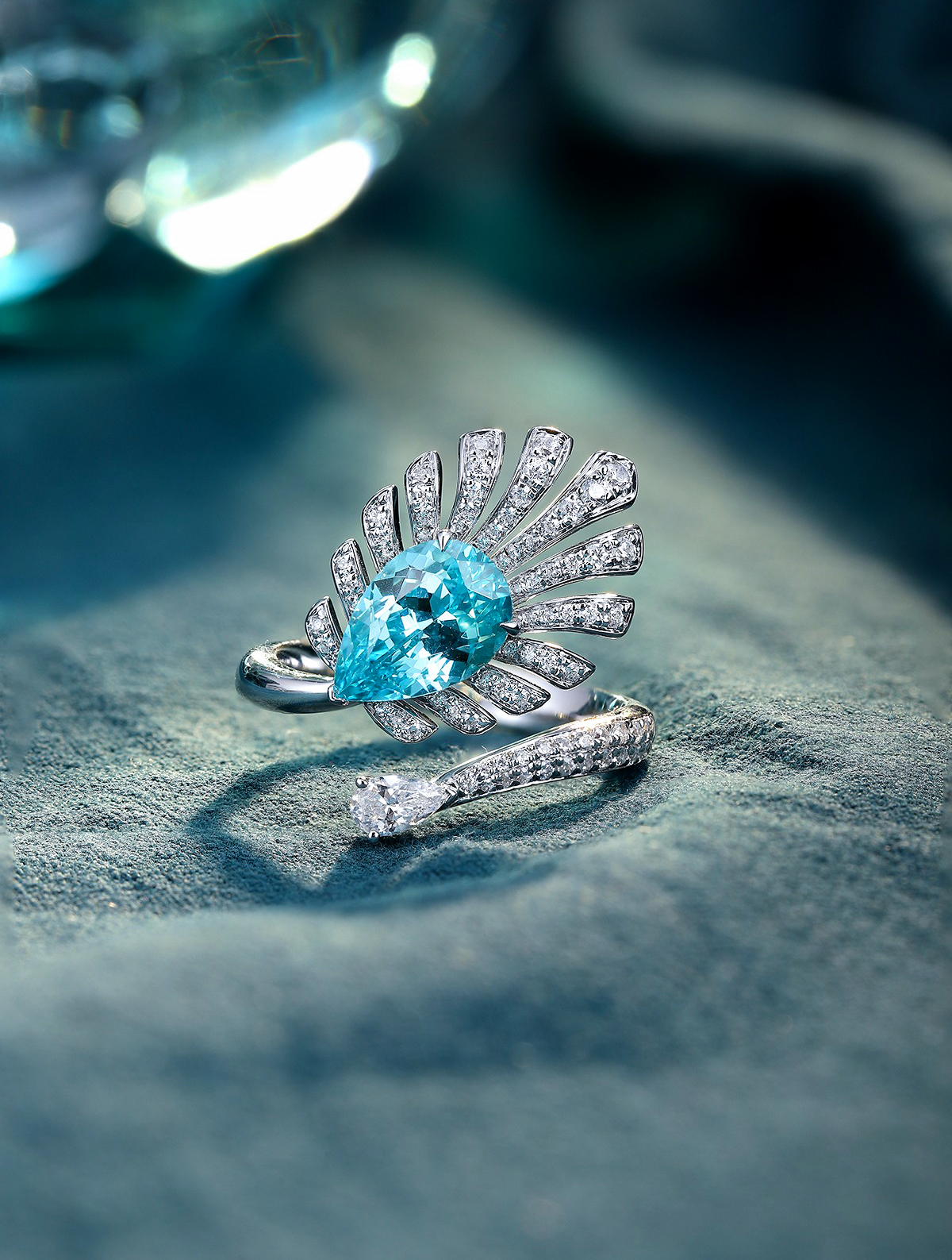 3.54ct Pear Shape Lake Blue Lab Created Paraiba Tourmaline Engagement Ring