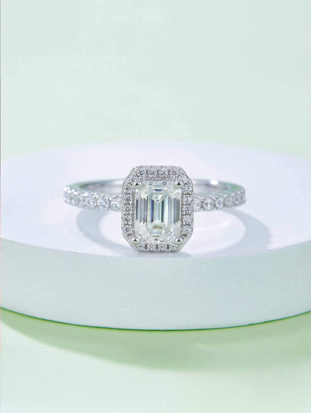 1ct Classic D Color Emerald-Cut Moissanite Halo Ring