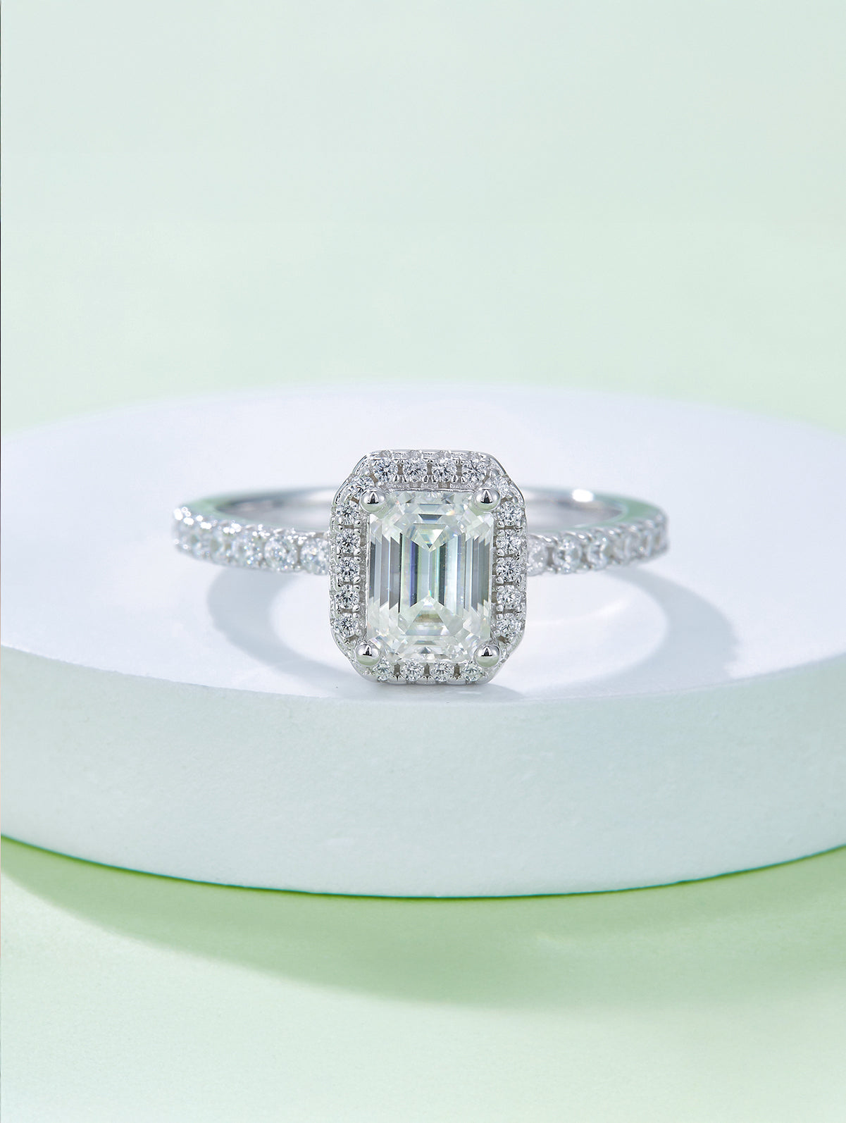 1ct Classic D Color Emerald-Cut Moissanite Halo Ring