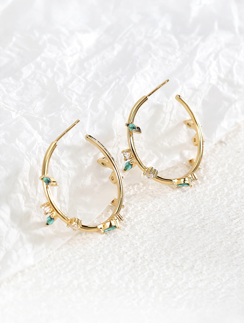 Vintage Leaf & Branch Cubic Zirconia Hoop Earrings