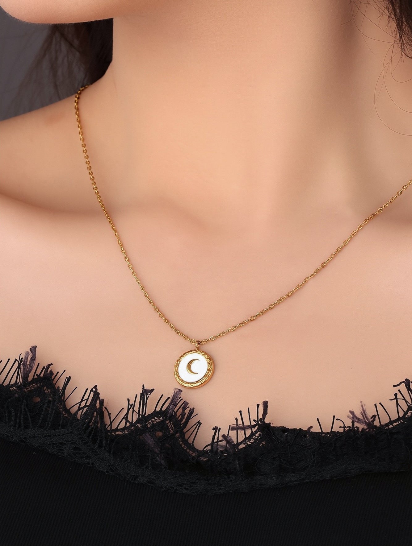 Textured Moon Pendant Necklace in 18K Gold Plated Copper