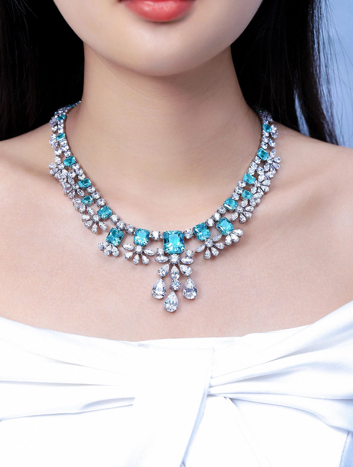 69.85ct Cushion Lab-Grown Paraiba Tourmaline Luxe Statement Necklace