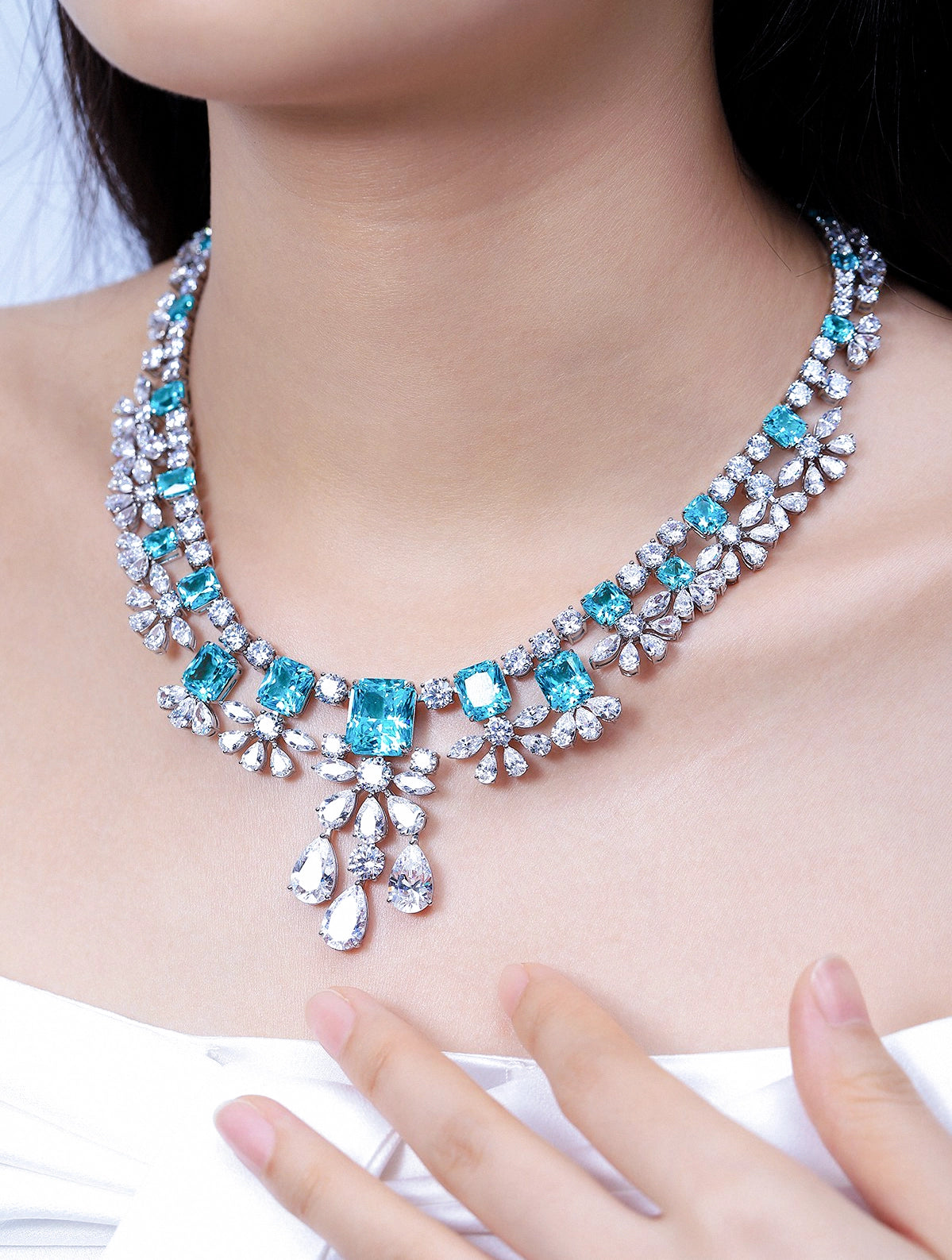 69.85ct Cushion Lab-Grown Paraiba Tourmaline Luxe Statement Necklace