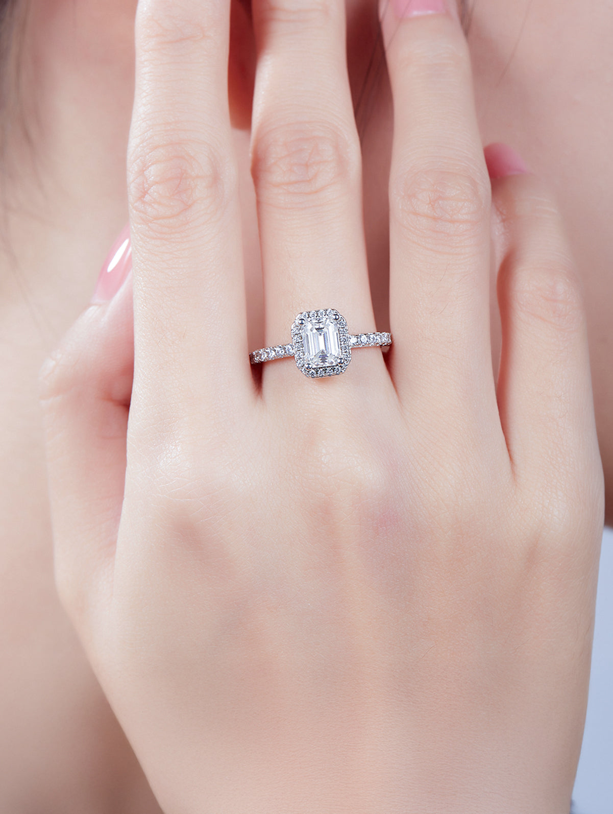 1ct Classic D Color Emerald-Cut Moissanite Halo Ring