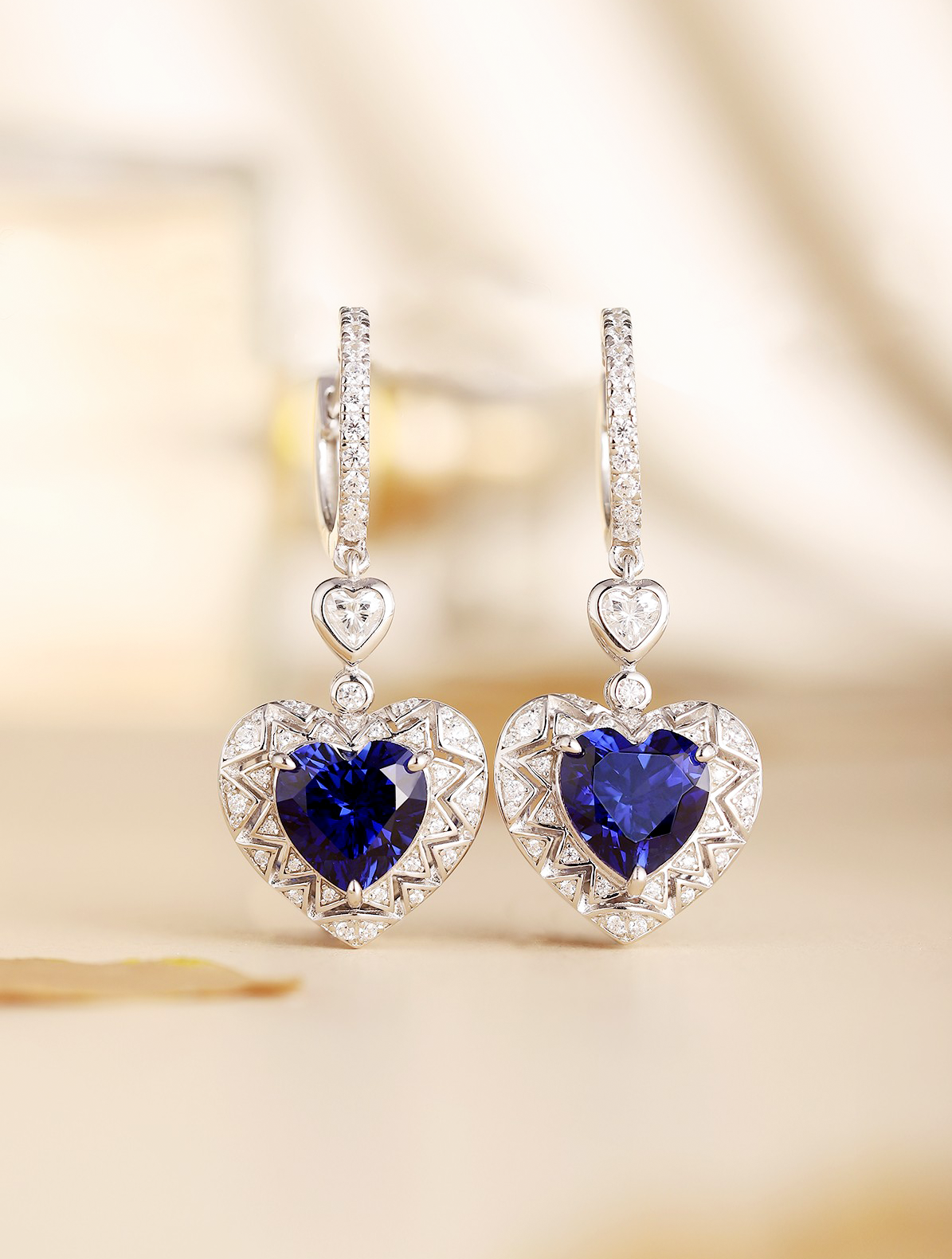 7.21ct Heart Lab-Grown Blue Sapphire Drop Earrings