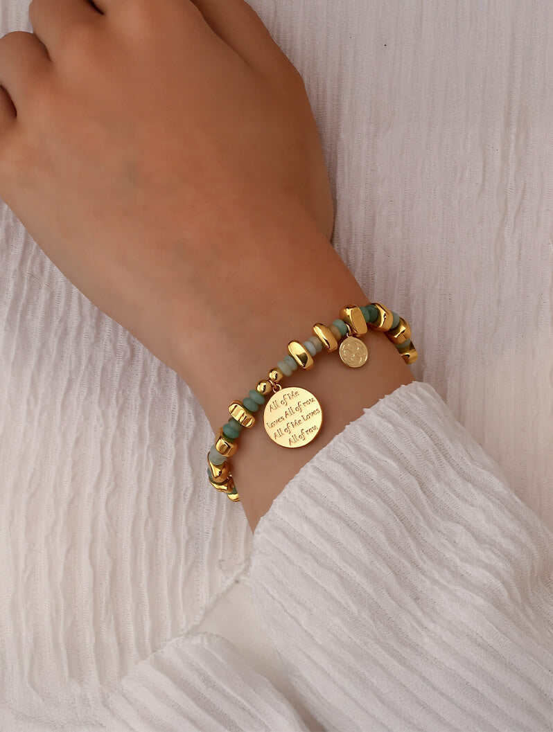 Engraved Chalcedony Beaded Bracelet