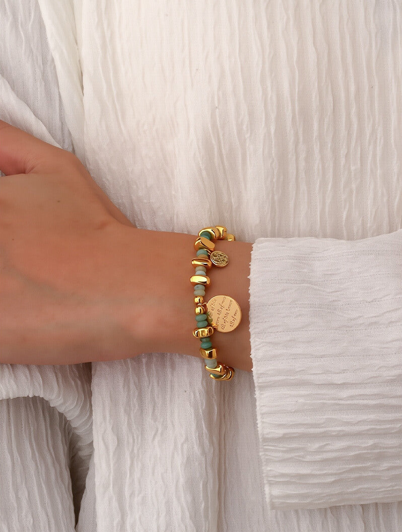 Engraved Chalcedony Beaded Bracelet