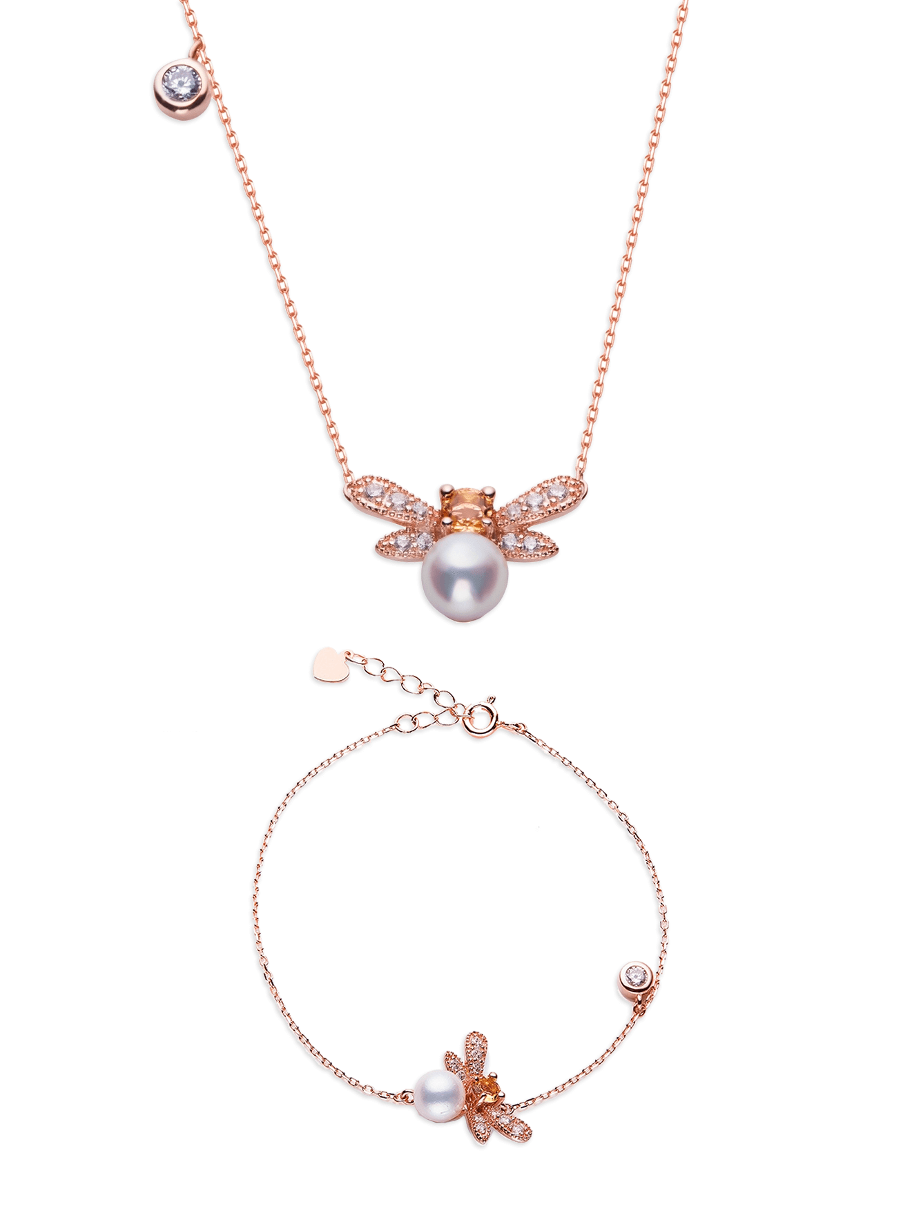 Rose Gold Bee Akoya Pearl Necklace & Bracelet Set